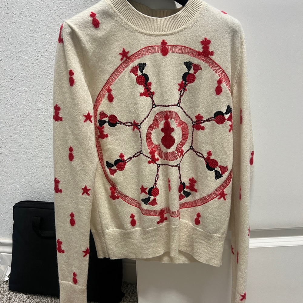 Hermes Cream and Red Crew Neck Sweater with Circular Design